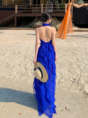 Elegant Prom Dresses Sheath High Neck Royal Blue Chiffon With Tiered Layers Long Formal Evening Dress N3969