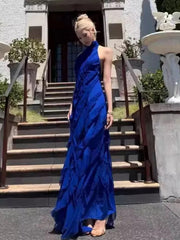 Elegant Prom Dresses Sheath High Neck Royal Blue Chiffon With Tiered Layers Long Formal Evening Dress N3969