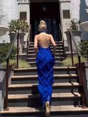 Elegant Prom Dresses Sheath High Neck Royal Blue Chiffon With Tiered Layers Long Formal Evening Dress N3969