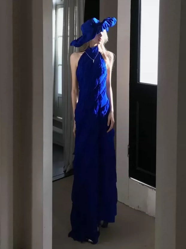 Elegant Prom Dresses Sheath High Neck Royal Blue Chiffon With Tiered Layers Long Formal Evening Dress N3969