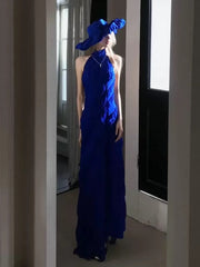 Elegant Prom Dresses Sheath High Neck Royal Blue Chiffon With Tiered Layers Long Formal Evening Dress N3969