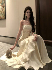 Elegant Prom Dresses Mermaid Spaghetti Strap White With Pleated Formal Evening Dress N3976