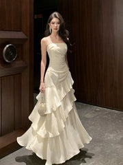 Elegant Prom Dresses Mermaid Spaghetti Strap White With Pleated Formal Evening Dress N3976