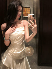 Elegant Prom Dresses Mermaid Spaghetti Strap White With Pleated Formal Evening Dress N3976