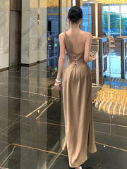 Sexy Prom Dresses Mermaid One Shoulder Champagne Satin With Pleated Formal Evening Dress N3980