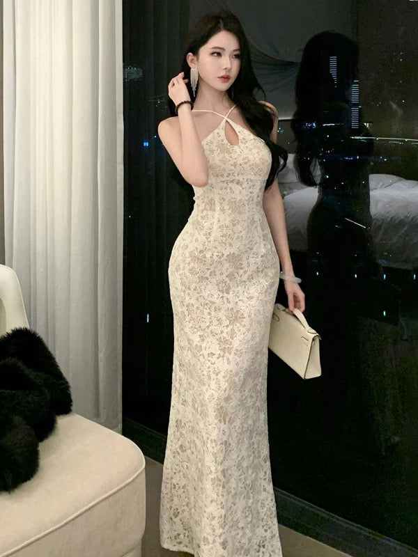 Pretty Prom Dresses Mermaid White Lace Evening Gown Formal Semi Long Formal Dress N3990