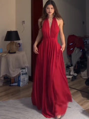 Simple Prom Dresses A line Halter Red Chiffon Backless Evening Gown Formal Semi Long Formal Dress N3992