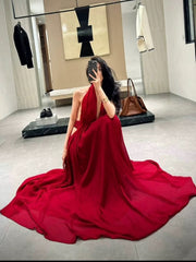 Simple Prom Dresses A line Halter Red Chiffon Backless Evening Gown Formal Semi Long Formal Dress N3992