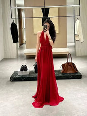 Simple Prom Dresses A line Halter Red Chiffon Backless Evening Gown Formal Semi Long Formal Dress N3992