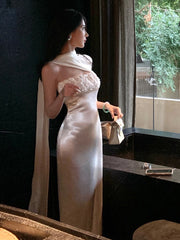Simple Prom Dresses Sheath Strapless White Satin With Scarf Evening Gown Formal Long Formal Dress N3996