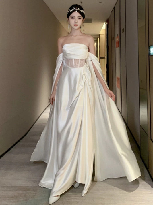 Simple Prom Dresses A Line Off The Shoulder Ivory Evening Gown Formal With Long Sleeves Formal Dress N4001