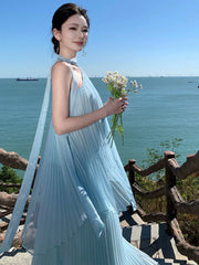 Simple Prom Dresses A Line Blue Chiffon Evening Gown Formal With Pleated Formal Dress N4003