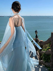 Simple Prom Dresses A Line Blue Chiffon Evening Gown Formal With Pleated Formal Dress N4003