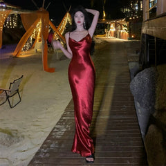 Simple Prom Dresses Mermaid Burgundy Spaghetti Strap Evening Gown Formal With Open Back Formal Dress N4008