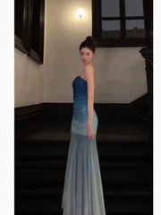 Simple Prom Dresses Mermaid Sweetheart Gradient Blue Color Chiffon Evening Gown Formal Formal Dress N4012