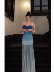 Simple Prom Dresses Mermaid Sweetheart Gradient Blue Color Chiffon Evening Gown Formal Formal Dress N4012