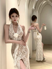 Classy Prom Dresses Mermaid Halter Sleeveless White Lace Evening Gown Formal Dress N4025