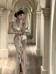 Classy Prom Dresses Mermaid Halter Sleeveless White Lace Evening Gown Formal Dress N4025