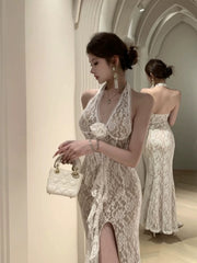 Classy Prom Dresses Mermaid Halter Sleeveless White Lace Evening Gown Formal Dress N4025