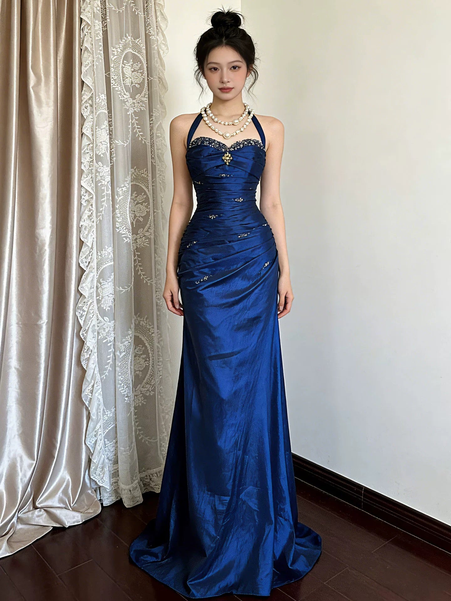 Modest Mermaid Halter Burgundy Satin Long Prom Dresses Graduation Dance Evening Outfits N529