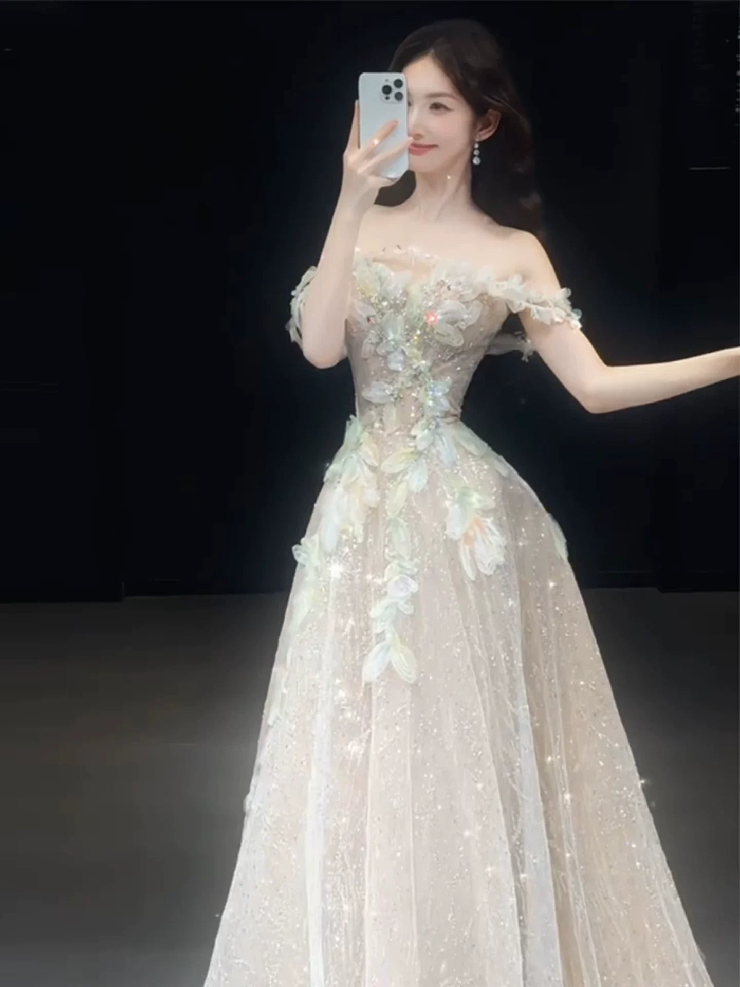 Cute A line Off The Shoulder With Cap Sleeves Sequins Champagne Long Formal Prom Dresses Dance Night Outfits Party Gowns AB2202