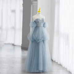 Modest Ball Gown Off The Shoulder Dusty Blue Tulle Prom Dresses Inspiration Long Party Night Evening Dress 20th Birthday Outfits AB2331