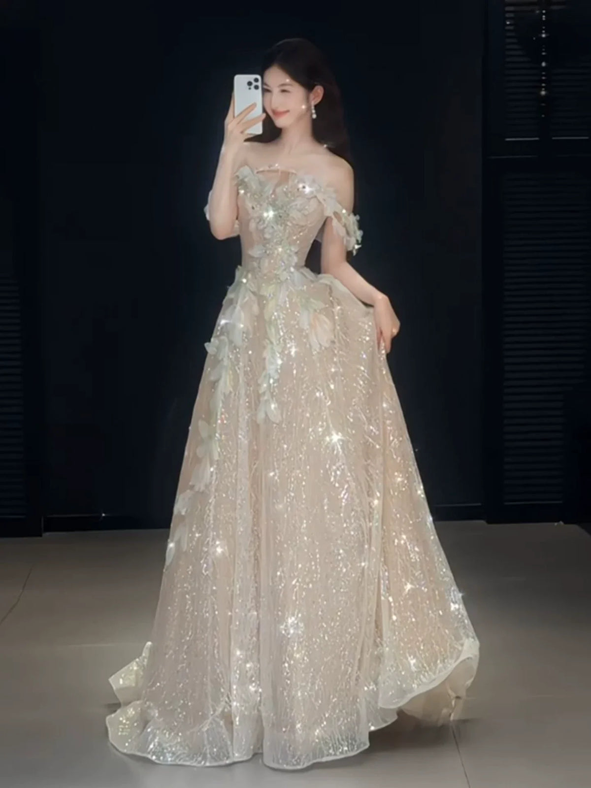 Cute A line Off The Shoulder With Cap Sleeves Sequins Champagne Long Formal Prom Dresses Dance Night Outfits Party Gowns AB2202