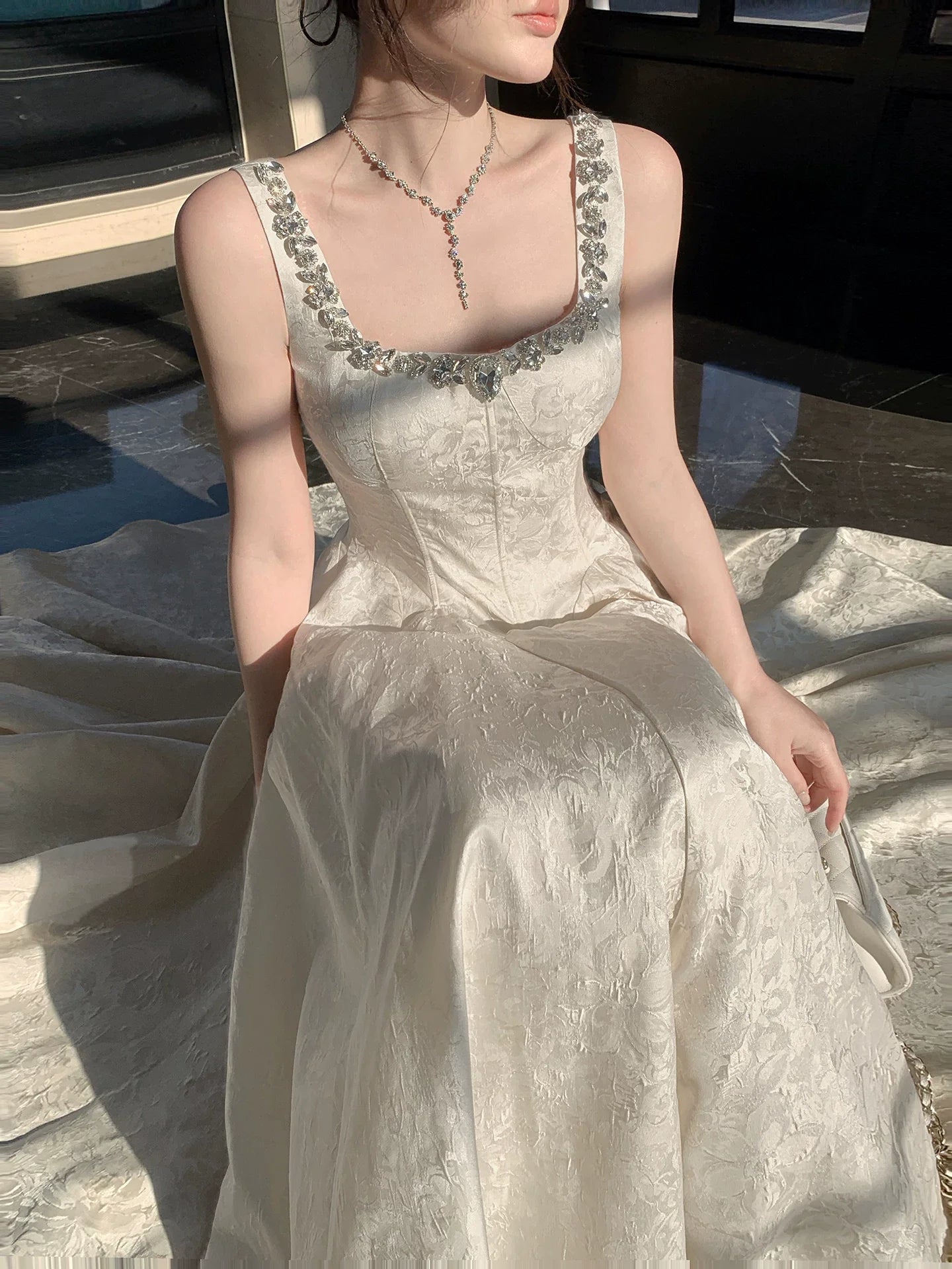 Elegant A line Square Neck Floral Satin Ankle Length With Silver Beaded Prom Dresses 16th Nigh Party Birthday Outfits AB2418