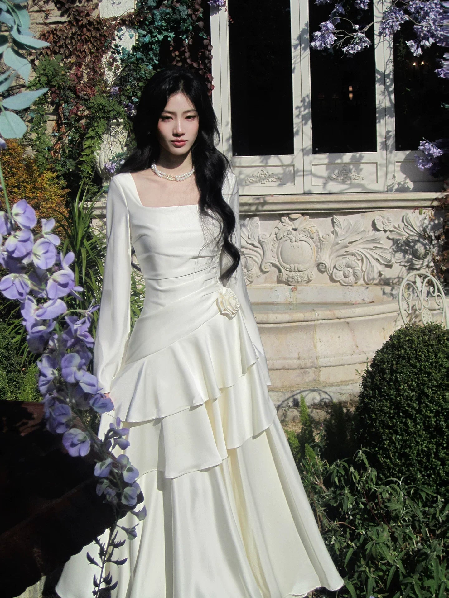 Modest Mermaid Square Neck Ivory Satin Long Sleeves Prom Dresses Wedding Guest Dress 16th Birthday Outfits AB2448