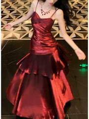 Modest Mermaid Spaghetti Straps Burgundy Wine Red Long Prom Dresses High School Teens Graduation Dance Dress 20th Birthday Outfits AB2502