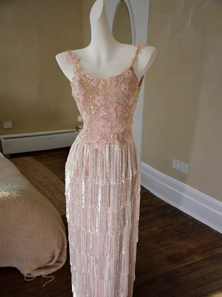 Glittery Sheath Spaghetti Straps Pink Tassel Pink Prom Dresses Inspiration Long Party Evening Dress 20th Birthday Outfits AB2344