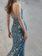 Modest Mermaid V Neck Blue Sequins Prom Dresses Inspiration Long Party Night Evening Dress 20th Birthday Outfits AB2338