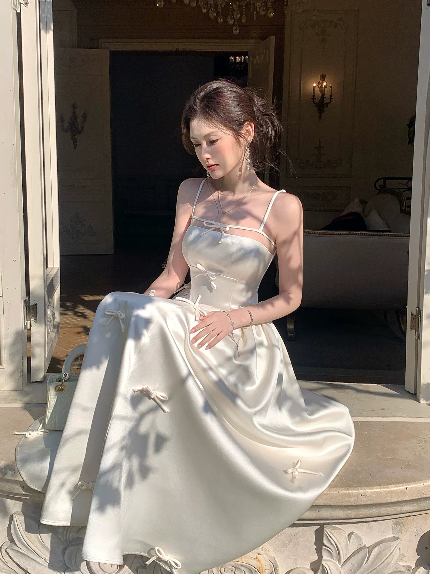 Modest A line Spaghetti Straps Ivory Satin Prom Dresses Wedding Guest Dress 20th Party Birthday Outfits AB2431