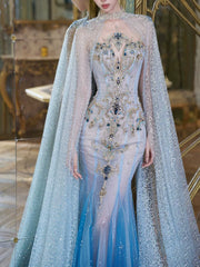 Modest Mermaid Scoop Neck Sequins With Beaded Cape Prom Dresses Inspiration Long Party Evening Dress 19th Birthday Outfits AB2298