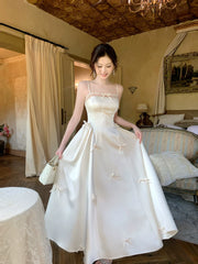 Modest A line Spaghetti Straps Ivory Satin Prom Dresses Wedding Guest Dress 20th Party Birthday Outfits AB2431