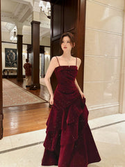 Modest Mermaid Spaghetti Straps Burgundy Velvet Long Prom Dresses Wedding Guest Dress 20th Birthday Outfits AB2485