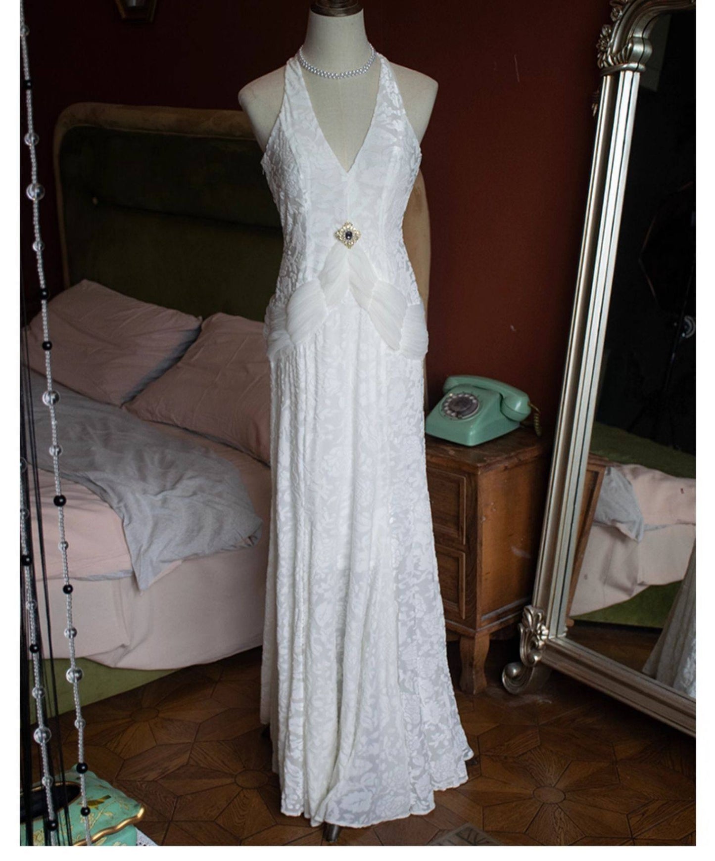 Vintage 50s Mermaid V Neck White Velvet Lace Prom Dresses Inspiration Long Party Retro Evening Dress 20th Birthday Outfits AB2343