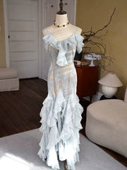 Vintage 1960s Mermaid Spaghetti Straps Light Sky Blue Chiffon Prom Dresses Inspiration Long Party Dress 18th Birthday Outfits AB2388