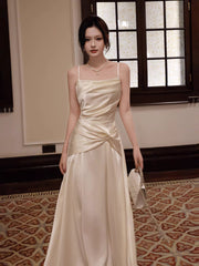 Sexy A line Spaghetti Straps Ivory Satin Long Prom Dresses Wedding Guest Dress 20th Birthday Outfits AB2480