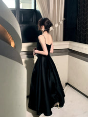 Modest A line Spaghetti Straps Black Satin Prom Dresses Wedding Guest Dress 16th Party Birthday Outfits AB2428