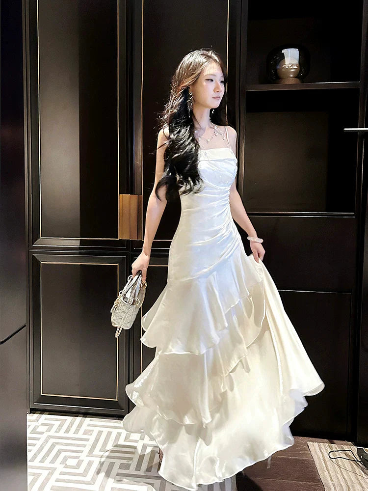 Modest Mermaid Spaghetti Straps White Ruffles Long Prom Dresses High School Teens Graduation Dance Dress 20th Birthday Outfits AB2503