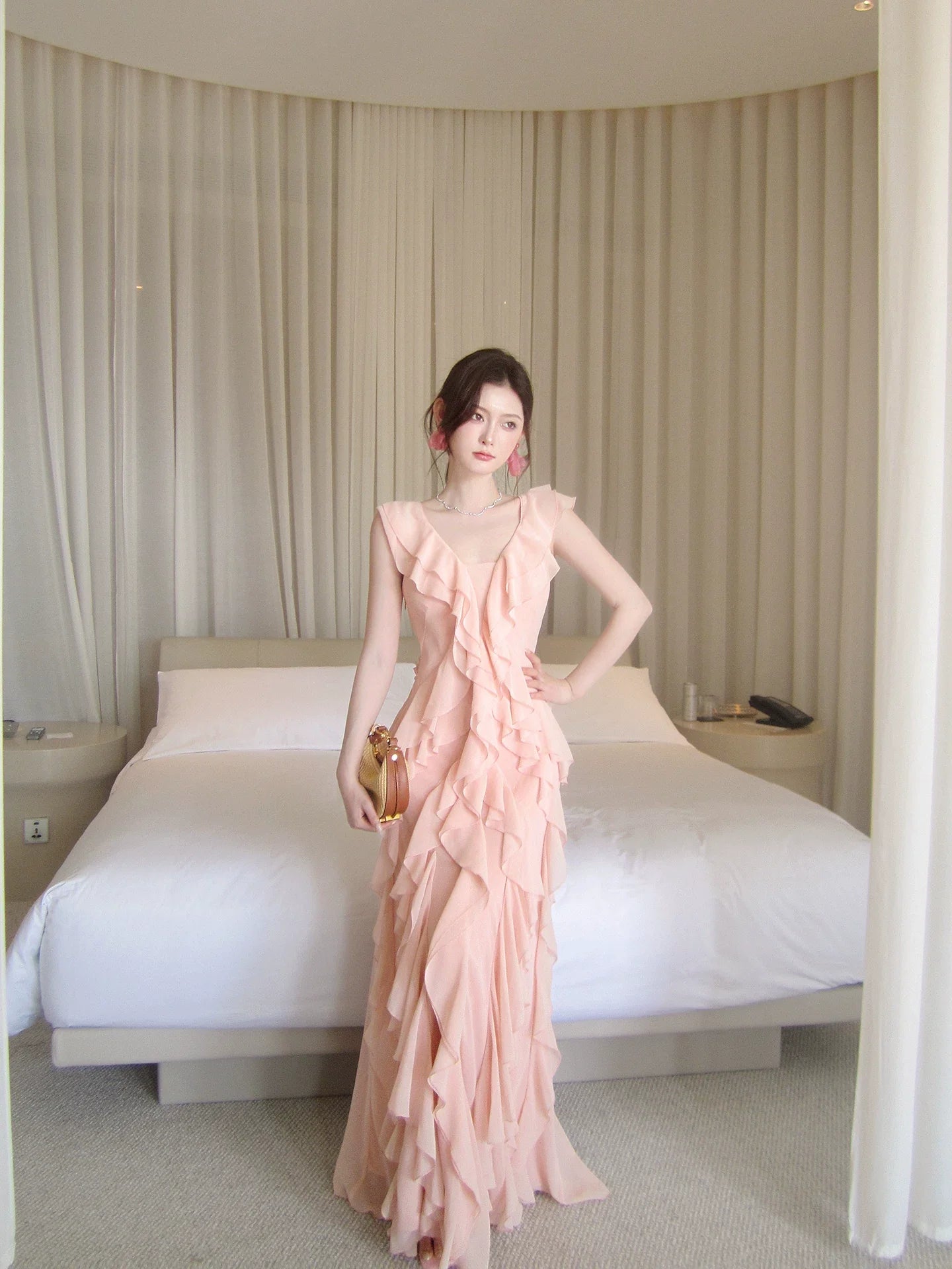 Simple A line V Neckline Chiffon Coral Pink Prom Dresses Long 16th Birthday Outfits AB2412