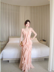 Simple A line V Neckline Chiffon Coral Pink Prom Dresses Long 16th Birthday Outfits AB2412