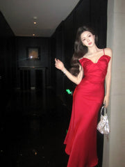 Elegant Mermaid Spaghetti Straps Red Satin Ankle Length Prom Dresses 17th Nigh Party Birthday Outfits AB2459