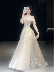 Cute A line Off The Shoulder With Cap Sleeves Sequins Champagne Long Formal Prom Dresses Dance Night Outfits Party Gowns AB2202