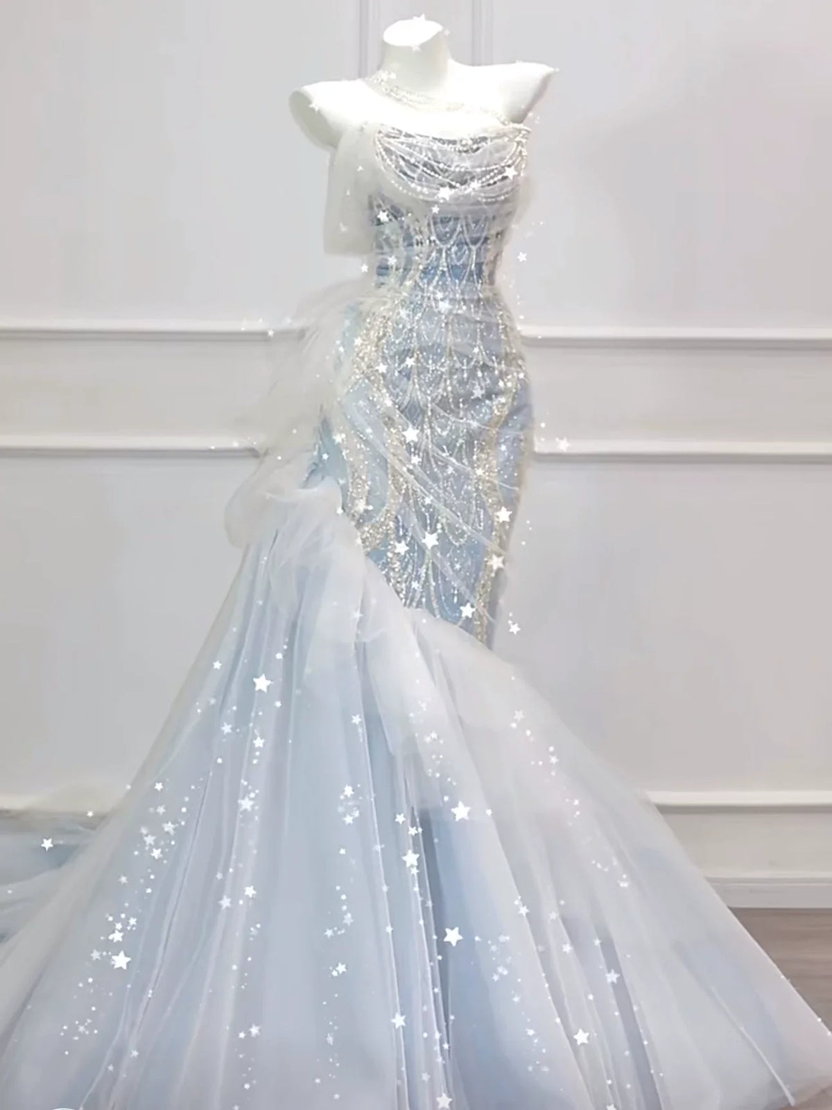 Modest Mermaid Off The Shoulder Tulle Blue With Pearls Prom Dresses Inspiration Long Party Evening Dress 21st Birthday Outfits AB2289