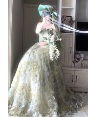 Princess Ball Gown Strapless Floral Forest Green Tulle Bodice Prom Dresses Inspiration Long Party Night Gowns 20th Birthday Outfits AB2264