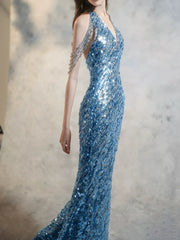 Modest Mermaid V Neck Blue Sequins Prom Dresses Inspiration Long Party Night Evening Dress 20th Birthday Outfits AB2338