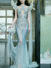 Sparkly Mermaid Halter Blue Sequins With Beaded Prom Dresses Inspiration Long Party Night Gowns 20th Birthday Outfits AB2296