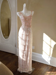 Glittery Sheath Spaghetti Straps Pink Tassel Pink Prom Dresses Inspiration Long Party Evening Dress 20th Birthday Outfits AB2344